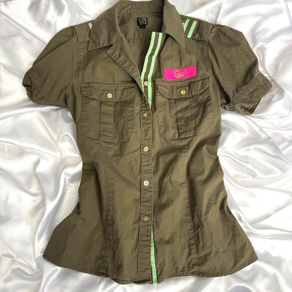 Cia.Maritima Olive Green Ripstop Button Up Shirt Pink Patch Lime Trim Small